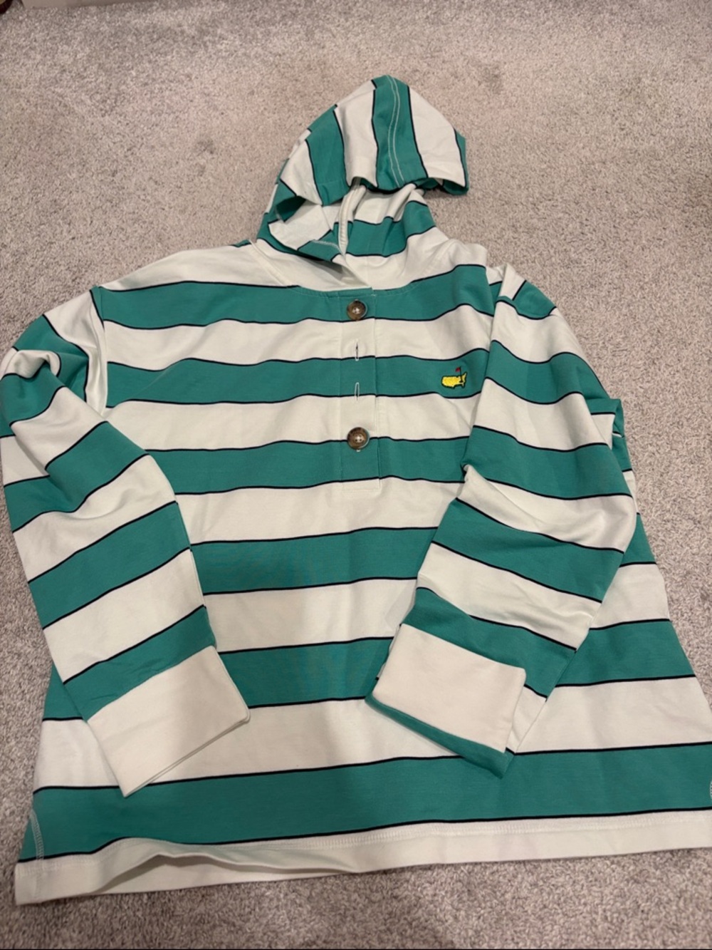 Masters Striped Green & White Hooded Pullover with Button Placket